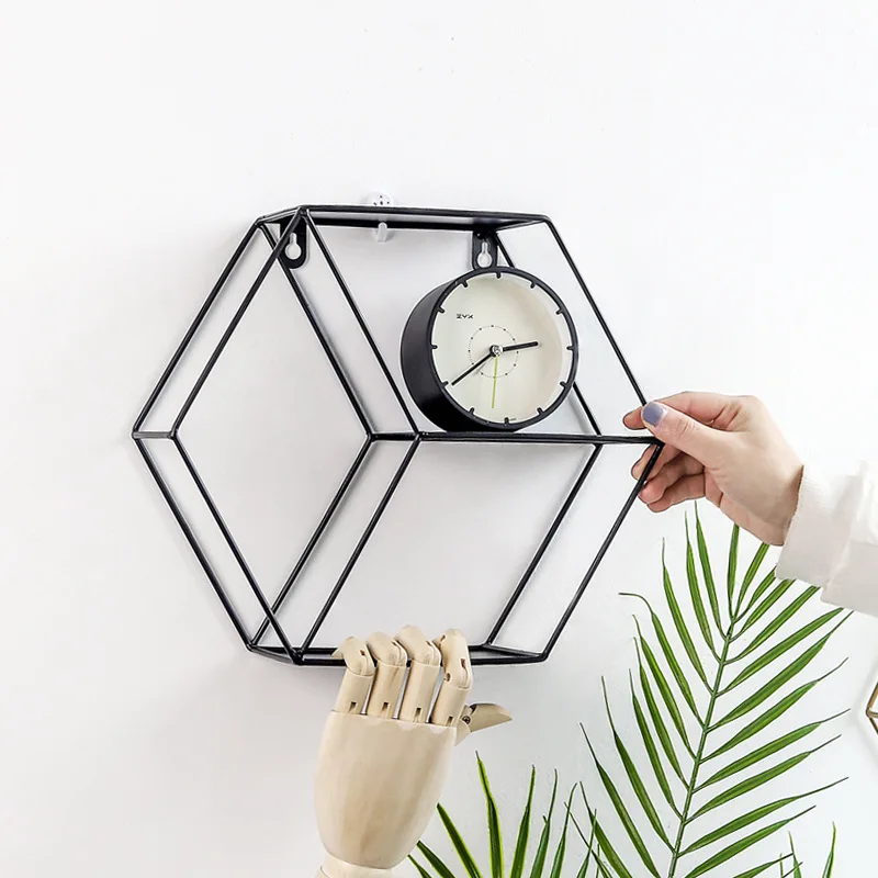 

European Ins Hanging Iron Hexagonal Grid Wall Shelf Living Room Bedroom Background Wall Decorative Storage Rack Shelf Storage