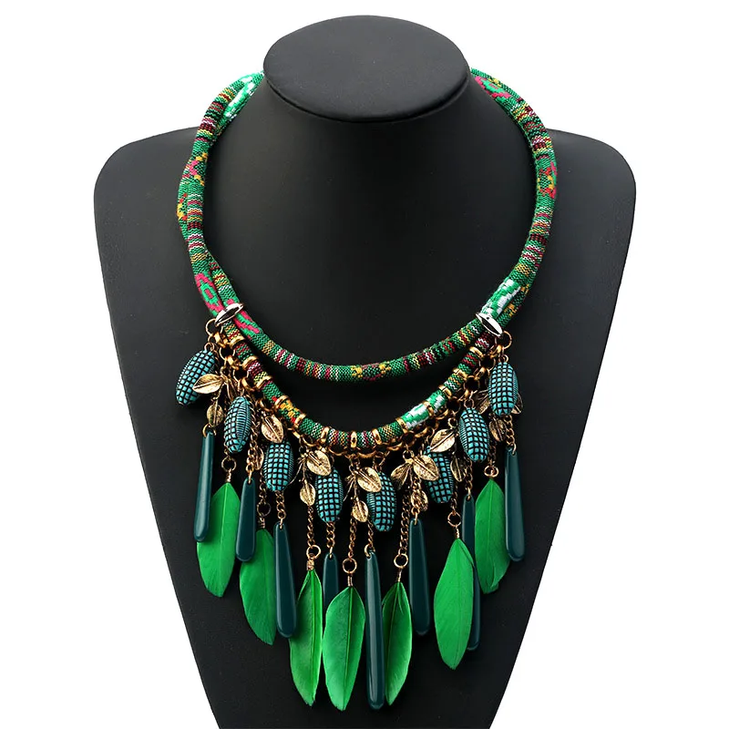 

2 Colors Women Jewelry Ethnic Style Necklace Double Rope Chain Feather Acrylic Pendant Bib Choker Collar Statement Necklace