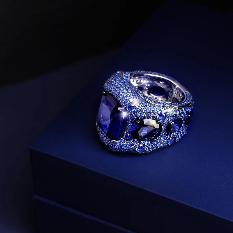 Женское большое кольцо из серебра 100% пробы с синим сапфиром и аквамарином|Кольца|