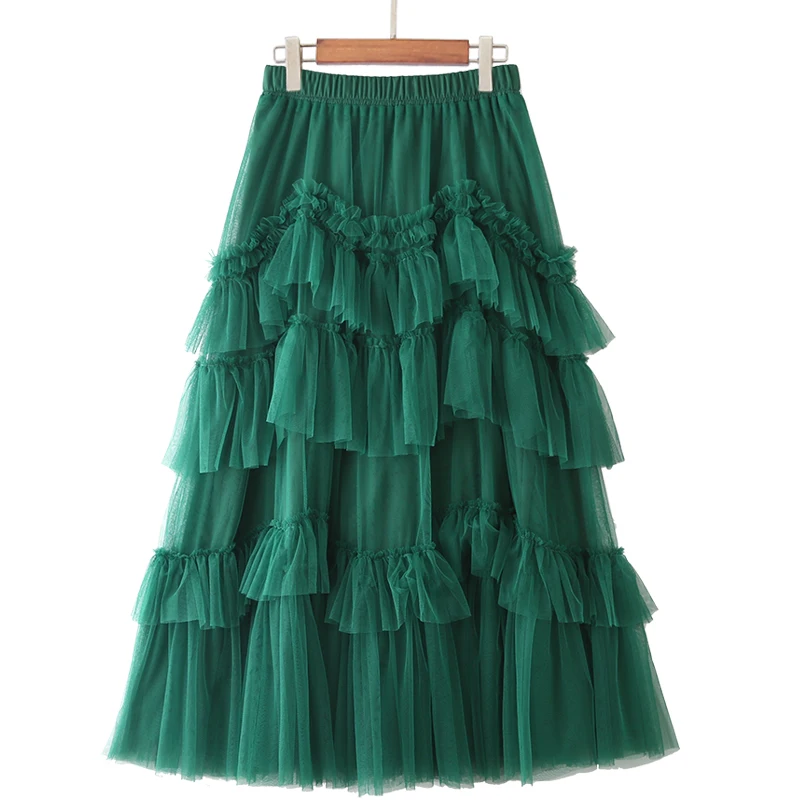 

Женская юбка с завышенной талией, зеленая плиссированная юбка средней длины из сетчатой ткани ручной работы, весна-лето 2021