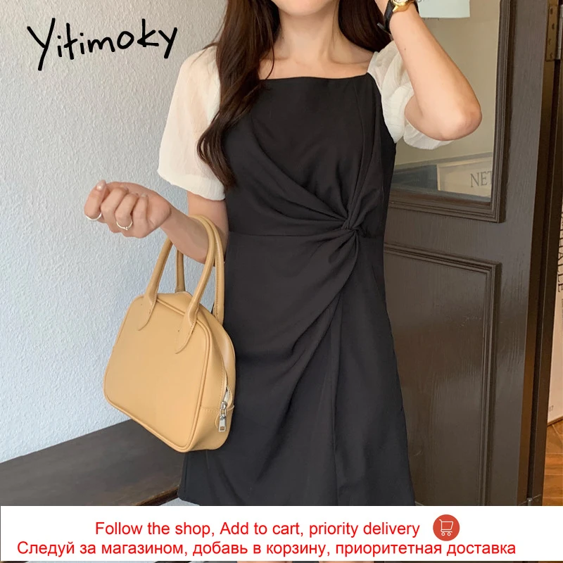 

Yitimoky Simple Women Dresses Square Collar Spliced Muslin Puff Sleeve 2021 Summer Fashion Folds Elegant Mini Dress Lace Up