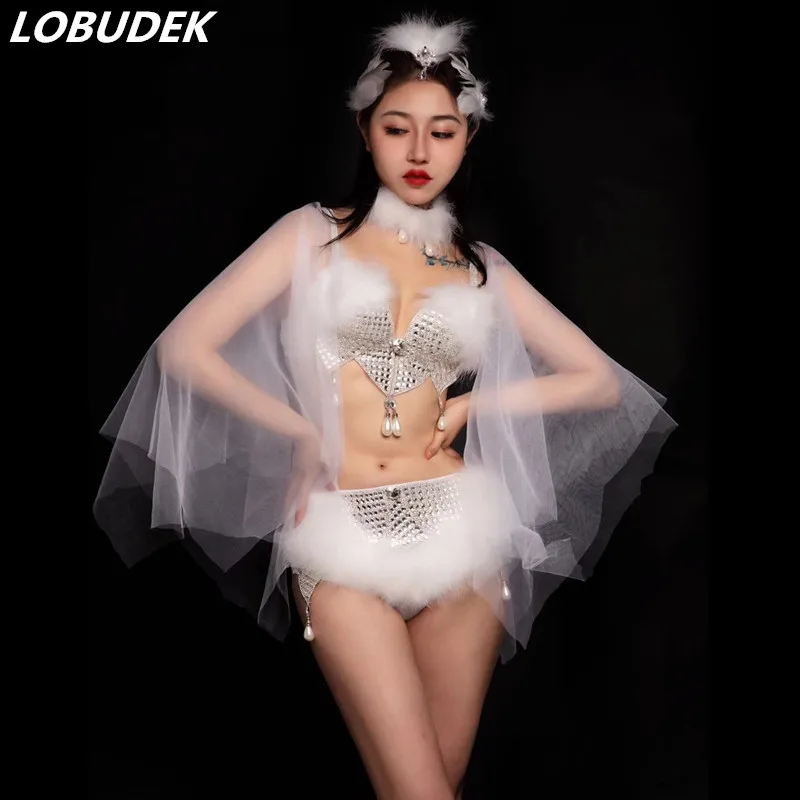 

Bar Nightclub Sexy DJ Pole Dancing Costume Silver Beading Rhinestones White Feather Bikini Outfit Singer Dancer Performance Wear