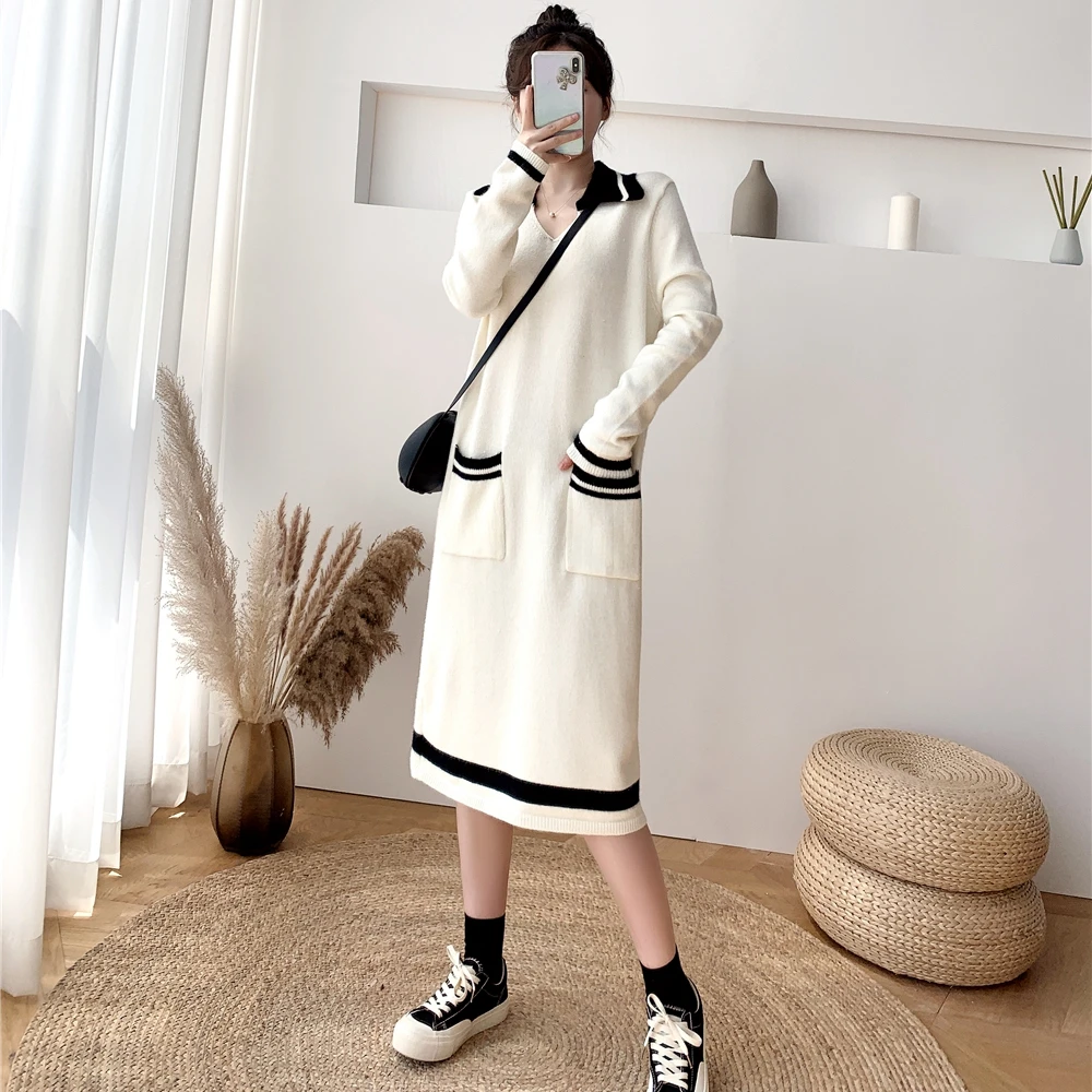 

Make firm offers qiu dong han edition of long polo collar loose straight spell color wool knitting dress dress girl