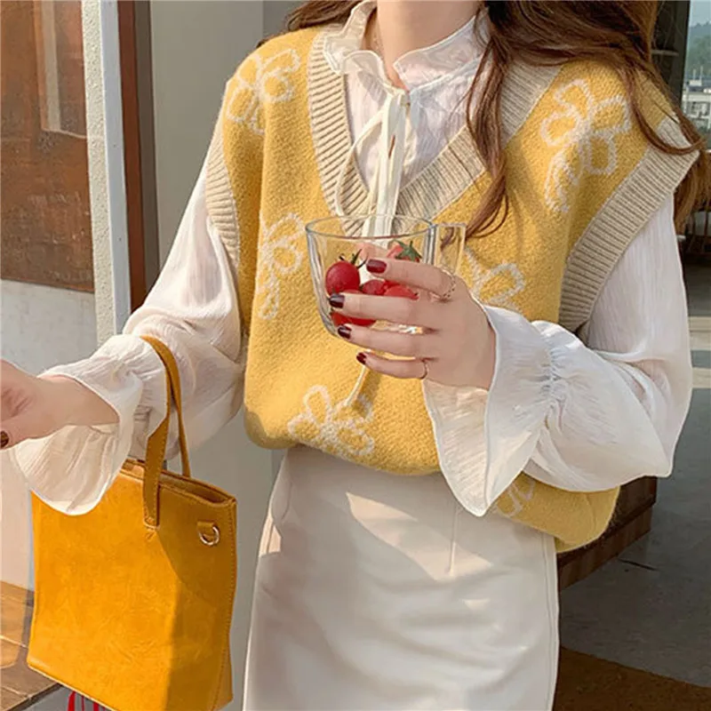 

Ladies Girls Sweater Vest Fall Spring Pullovers Floral Pattern Contrast Color Sleeveless V Neck Loose Knitted Tops Outwear Women