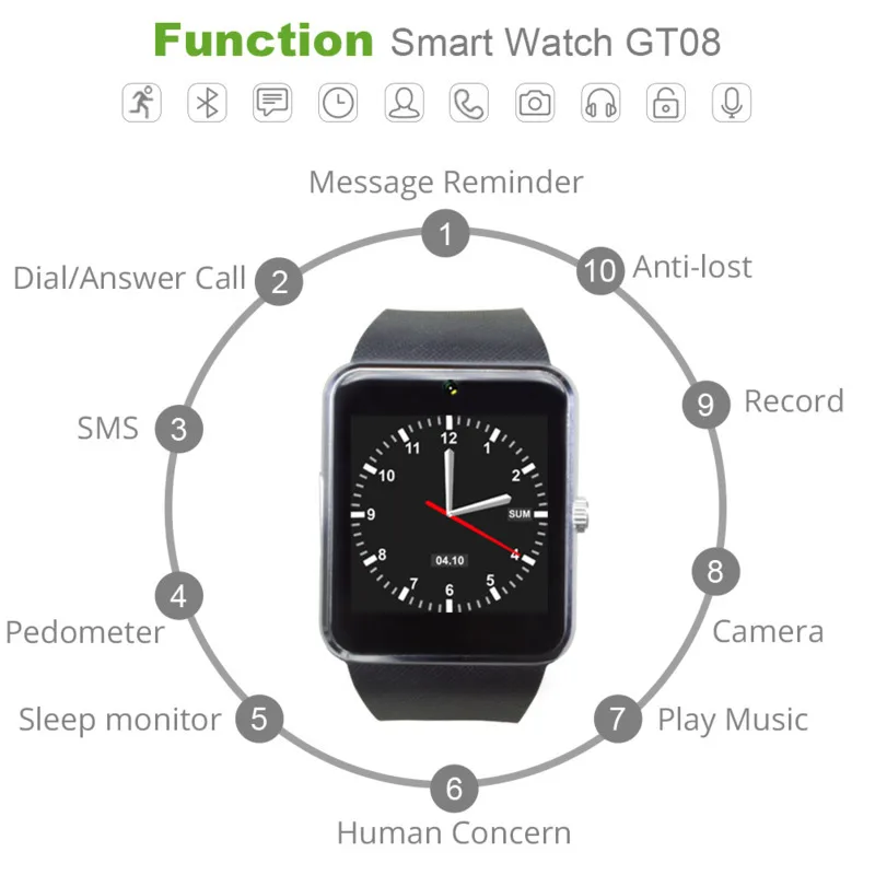 Умные часы GT08 с синхронизацией уведомлений поддержка Sim карты TF Bluetooth подключение
