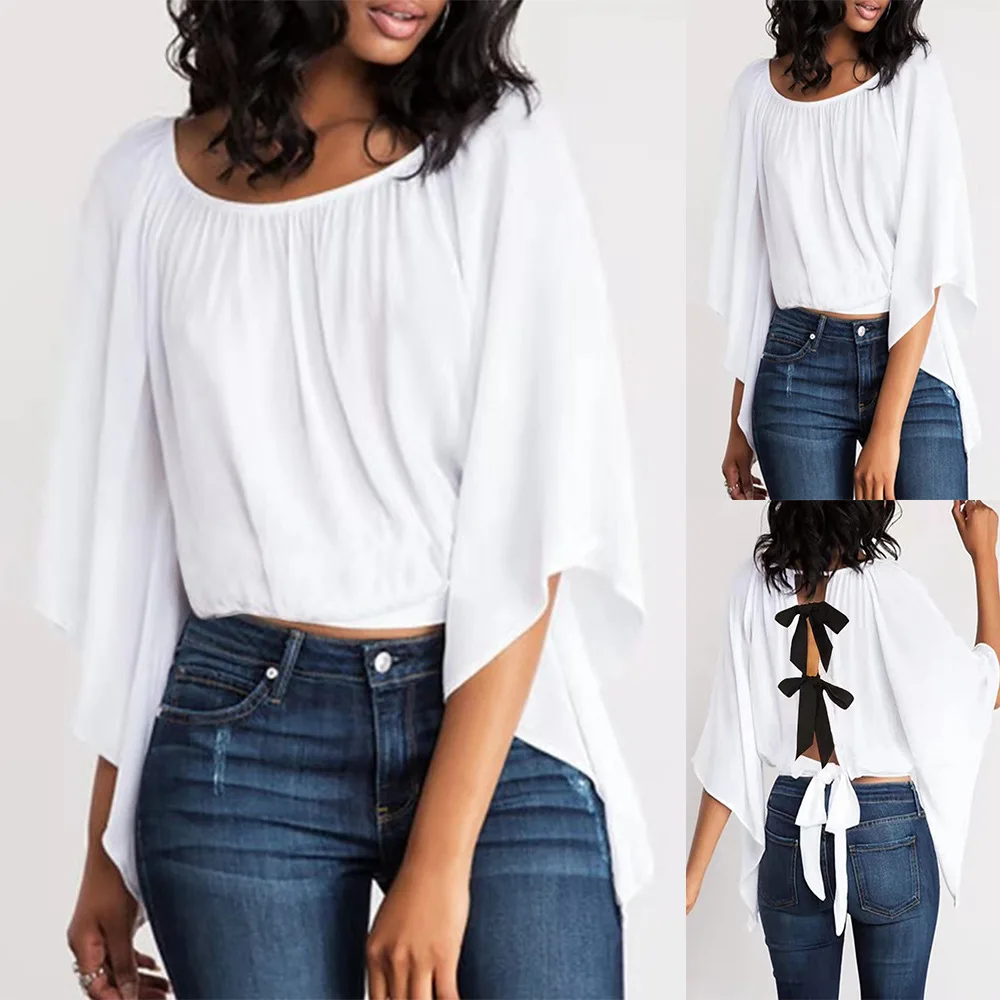 

WEPBEL Shirt Women's Casual Solid Color Loose Shirt Summer Three Quarter Batwing Sleeve O-Neck Backless Hollow Out Shirt