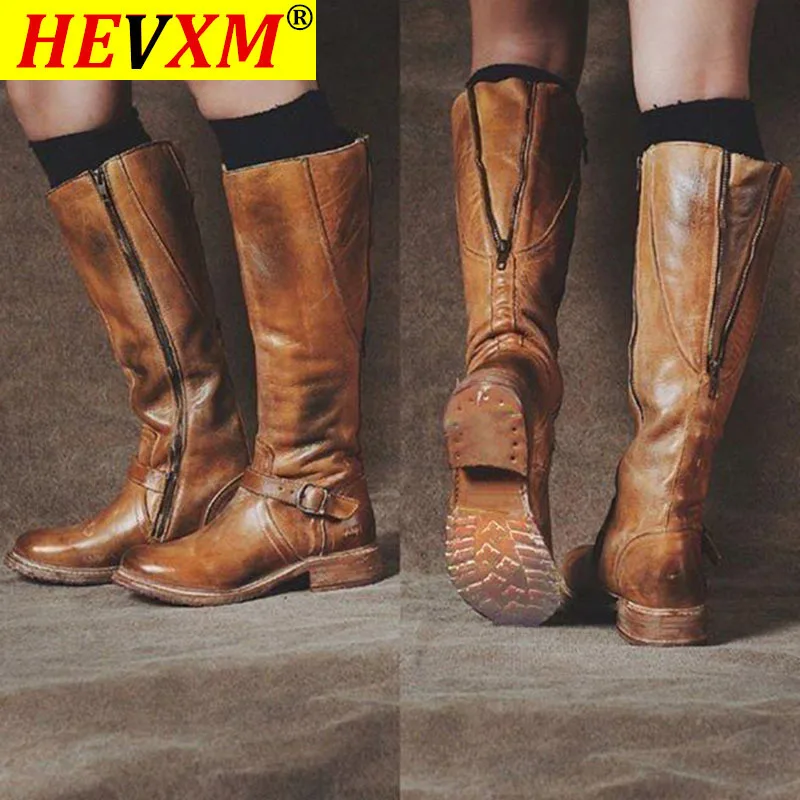 

Women Knee High Boots Black Brown Warm PU Leather Zip Platform Long Boots Ladies Vintage New Low Heel Women Winter Shoes Booties