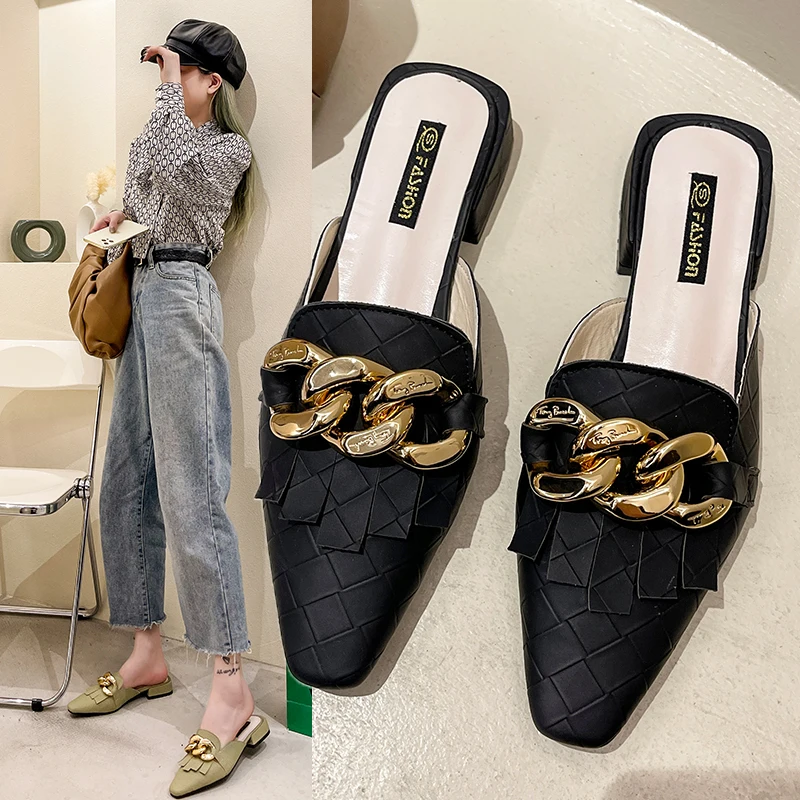 

Shoes Woman 2021 Cover Toe Fringe Female Slippers Mules Sexy Low New Pointed Chain PU Fabric Rubber Slides Hoof Heels Female Sho