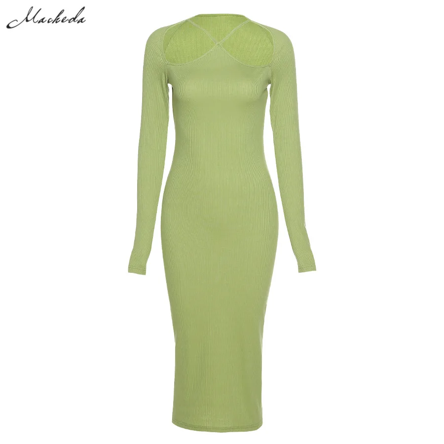 

Spring Fashion Knitting Slim Dress Women Halter Full Sleeve Clothing Lady Solid Sexy Bodycon Long Dresses 2021 New