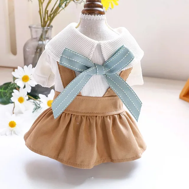 Summer Breathable Pet Dog Cat Clothes Khaki Bow Decor College Pets Dog Dress for Small Dogs Skirt Puppy Clothing Pug Chihuahua