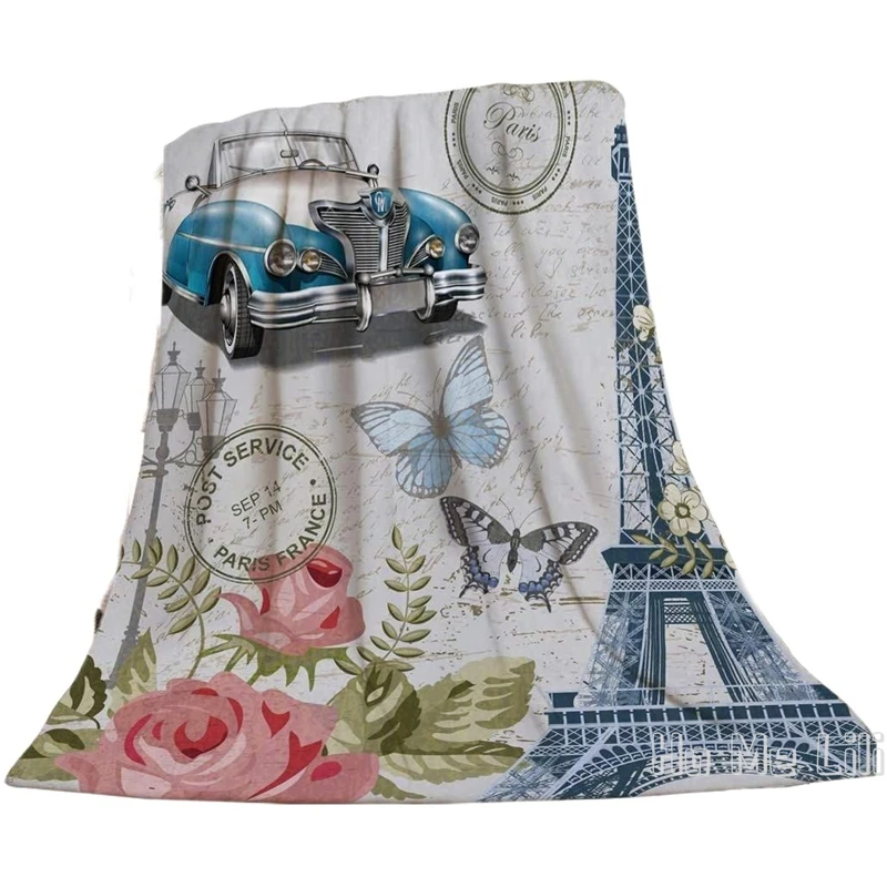 

Vintage Paris Eiffel Tower With Car And Roses Soft Warm Decorative Flannel Blanket For Adults Kids Women Men Girls Boys