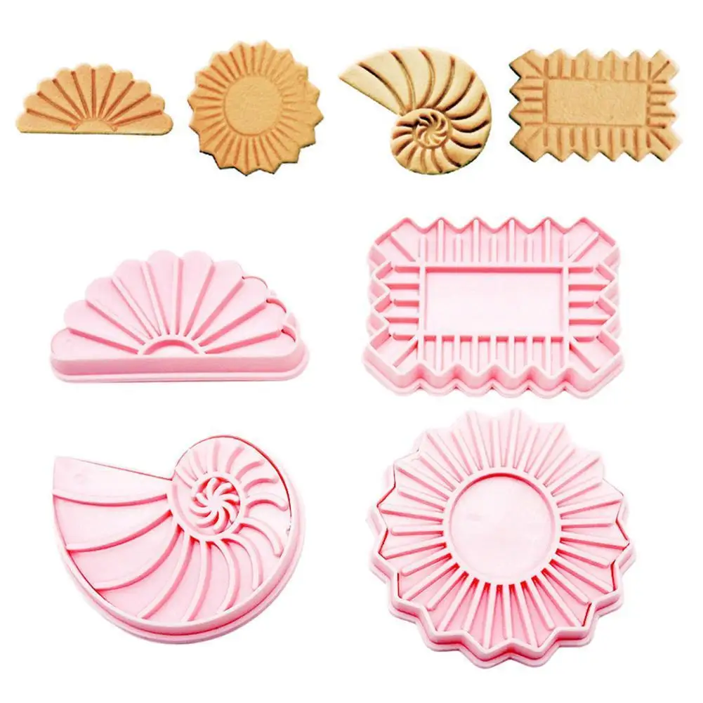 

4pcs/set New Biscuit Mould Fan Conch Sun Wave Pattern Cookie Stamp Cake Pastry Art Cake Fondant Decoration Baking Tools