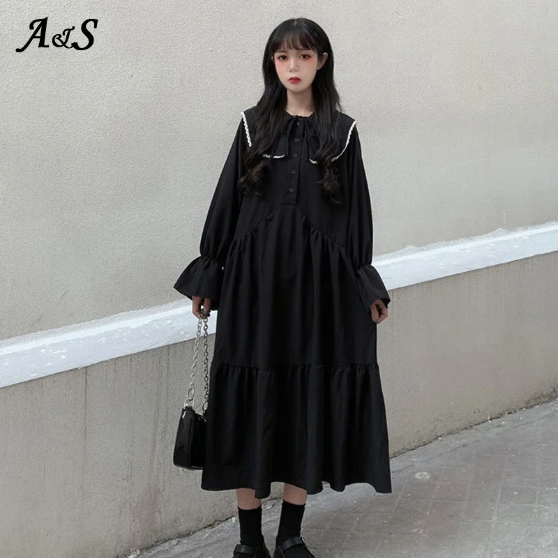 

Long Flare Sleeve Lolita Dress for Women, Doll Collar, Buttons, Elegant, Harajuku, Black, Loose, Lace Up, Mid-calf, Fashion