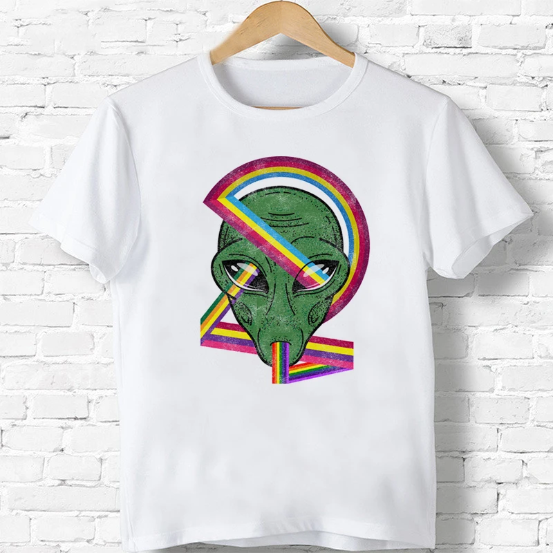 

Футболка Alien с радужными лучами для мальчиков и девочек, детский топ в стиле Харадзюку, смешные хипстерские футболки с круглым вырезом для д...