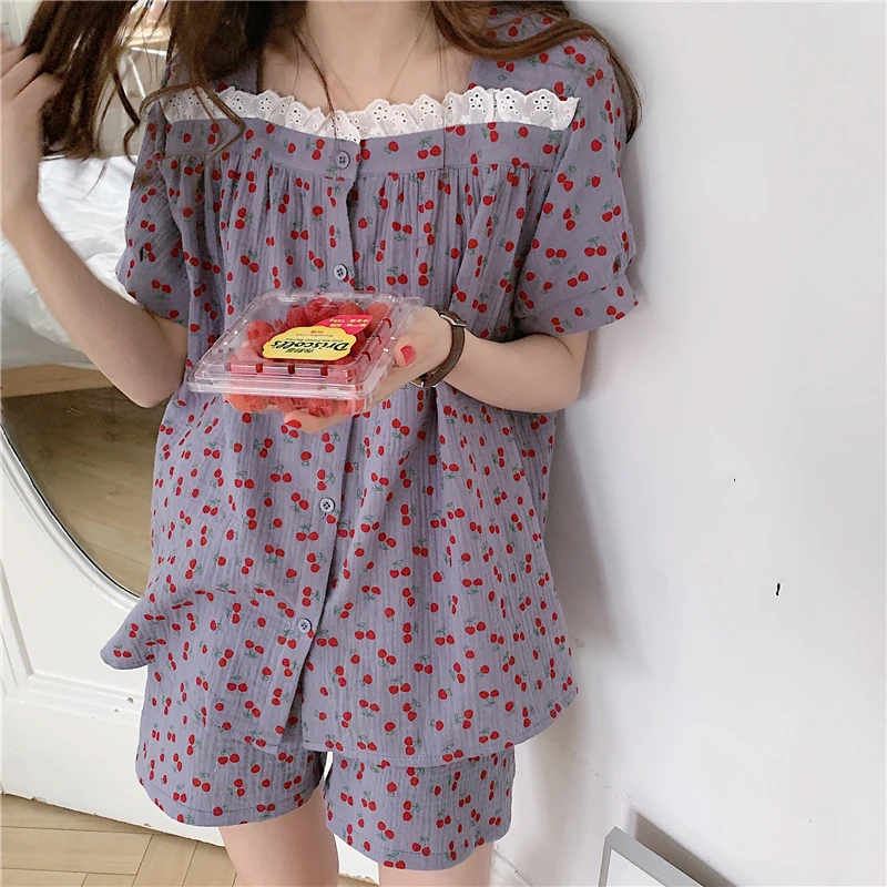 

CBAFU cherry print cotton pajama set women lacework short sleeve single breasted cardigans shorts 2 piece set sleepwear Y992