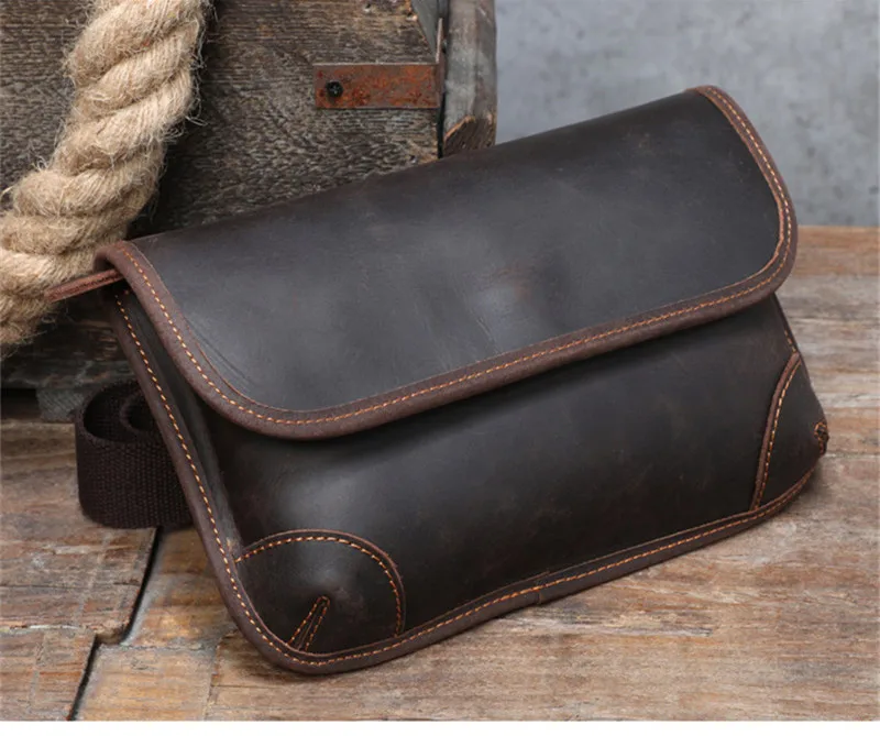 Retro fashion designer natural crazy horse leather men small square bag simple casual first layer cowhide shoulder messenger bag