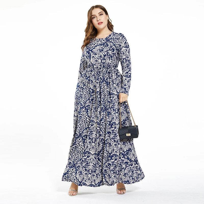 Новинка 2020 платье с принтом размера плюс круглым вырезом и длинным рукавом