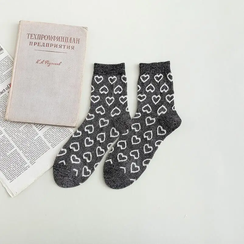 Heart Embroidered Girls Lurex Socks Students Soild Cotton Shining Crew Sock Woman Summer Winter Glitter Embroidery Ankle Socks