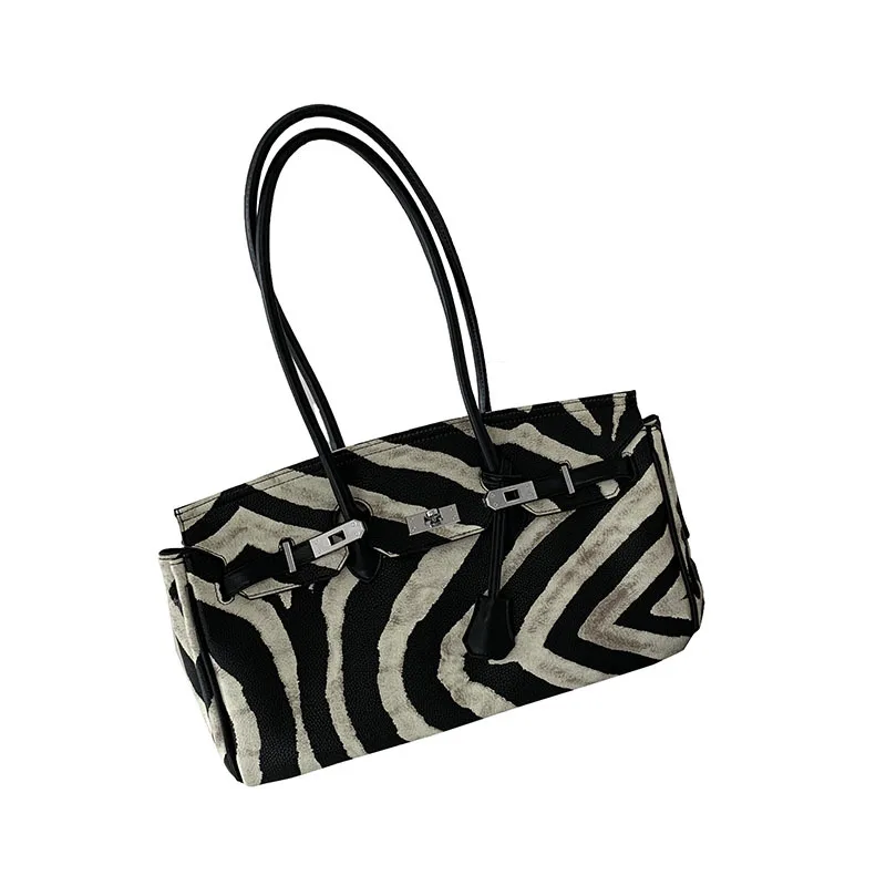 

High Quality Vintage Zebra Pattern Womens Armpit Design Shoulder Bag PU Leather Soft Handle Hasp Striped Casual Handbag