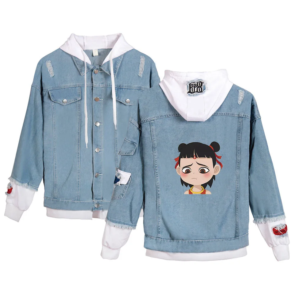 Женская джинсовая куртка с героями мультфильмов Nezha уличная верхняя одежда весенняя куртка аниме Harajuku Хип Хоп джинсовая одежда пальто