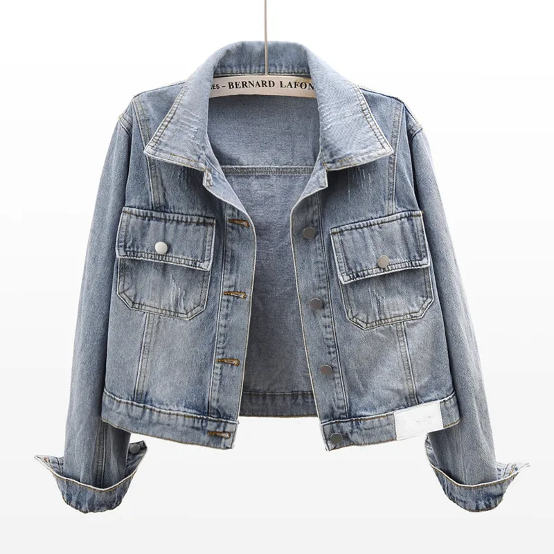 Куртка женская джинсовая потертая с большими карманами винтажная повседневная