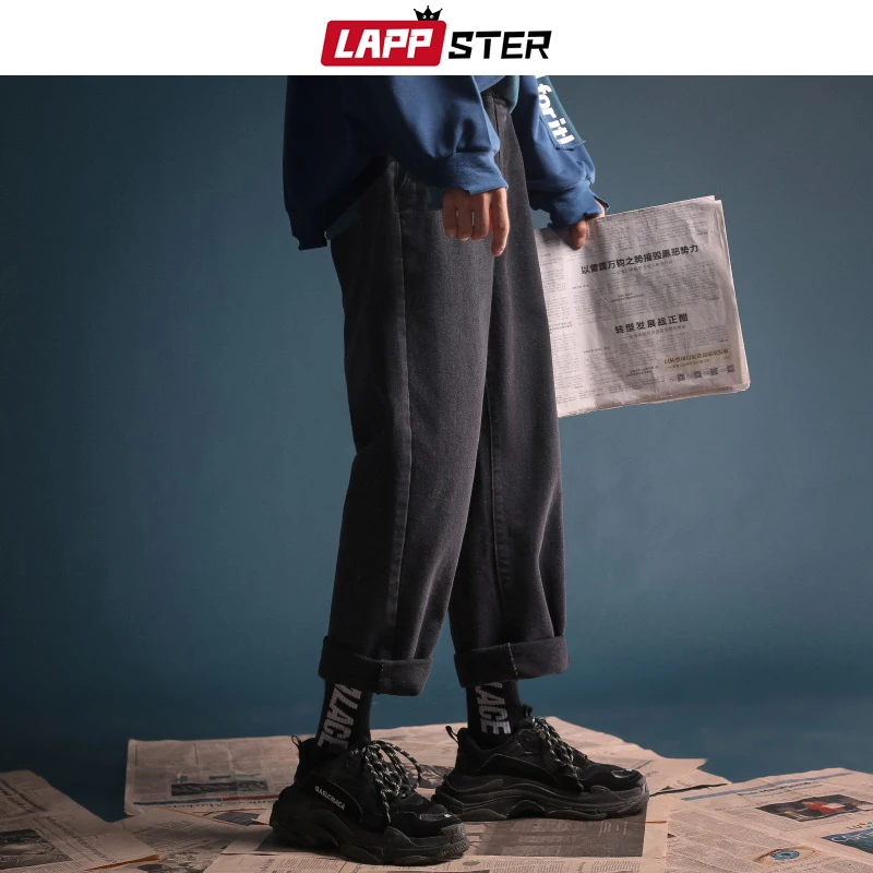LAPPSTER мужские корейские модные уличные джинсы хип хоп винтажные прямые шаровары синяя панк джинсовая Дизайнерская одежда 2XL