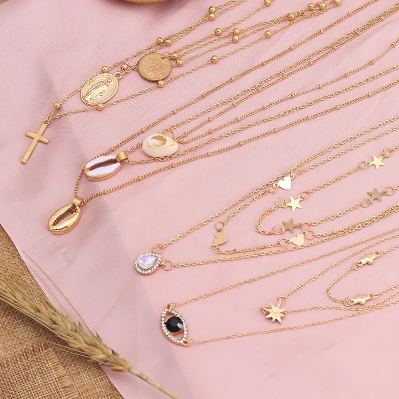 Женское многослойное ожерелье с цепочкой винтажное подвеской в богемном стиле