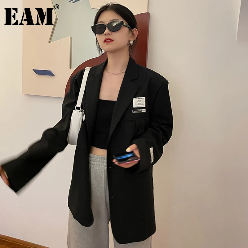 

[EAM] Женский Черный Повседневный Блейзер большого размера с принтом, новая свободная куртка с отворотом и длинным рукавом, модная демисезонн...