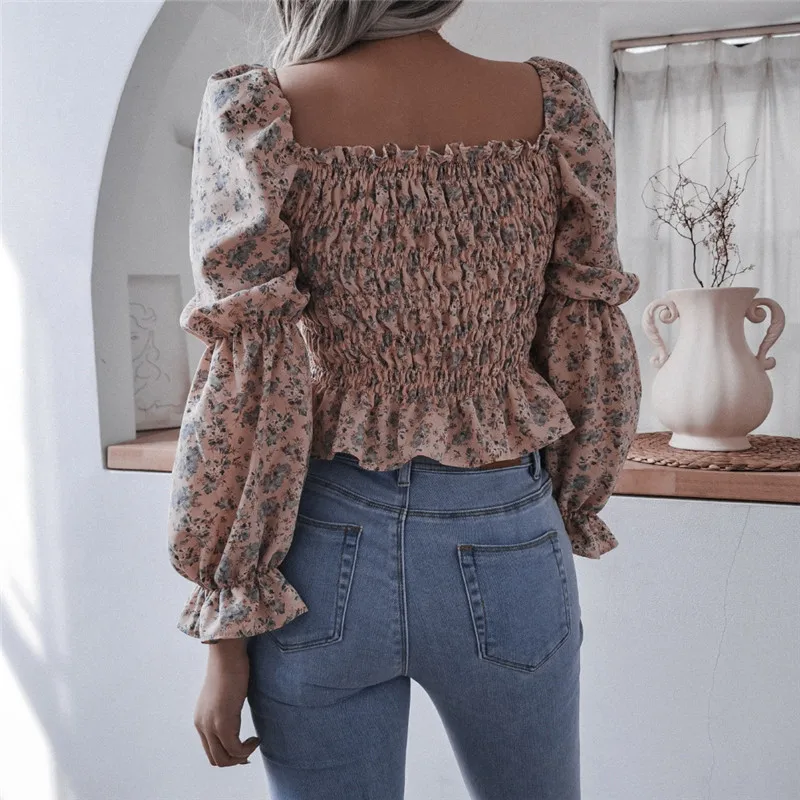 

2021 Casual Elegant Women Blouses New Fashion Print Lantern Sleeves Ruffles Slim Shirts