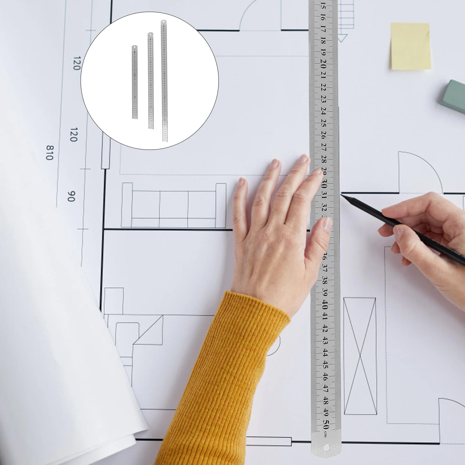 

3 шт. линейки из нержавеющей стали, двухсторонняя маркировка, точность измерения, Офисная линейка