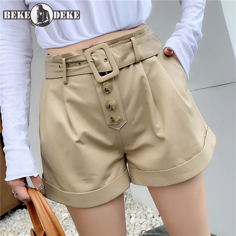 Women High Waist Casual Button Fly Wide Leg Shorts Belted Slim Fit Ladies Sheepskin Genuine Leather Shorts Streetwear Trousers
