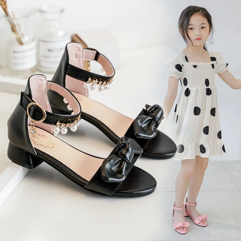 

Children Princess Heels Leather Shoes For Girls Beach Shoes Fashion Bow Crystal Pearl Children SummerSandal 35 6 7810 11 12Years