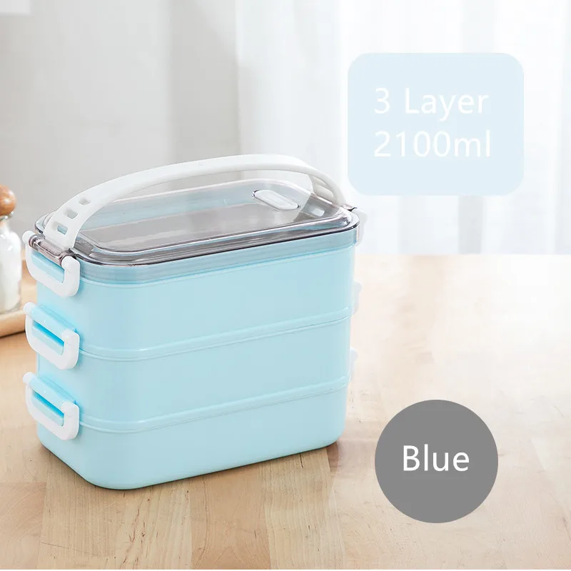 3 Layer Blue Портативный Ланч-бокс из нержавеющей стали 304, многослойные коробки для обедов бенто, набор посуды, микроволновая печь для взрослых, детский пищевой контейнер - Цвет: 3 Layer Blue