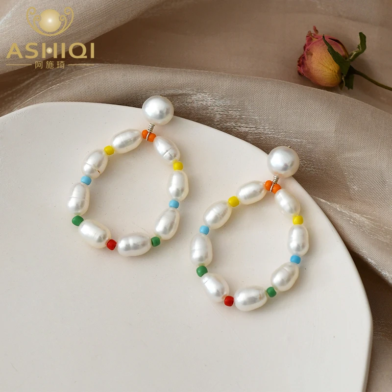 

ASHIQI Natural Freshwater Baroque Pearl 925 Sterling Silver Earrings Fashion Colorful Bead Jewelry for Girls