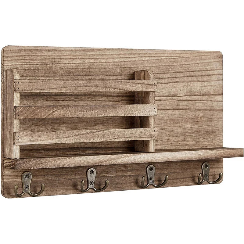 

Wall Mounted Mail Holder Wooden Mail Sorter Organizer,with 4 Double Key Hooks Home Decoration,for Entrance or Mud Room