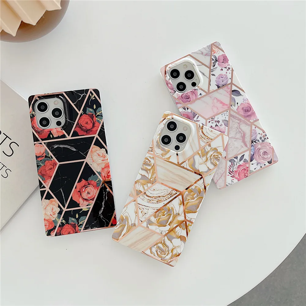 

Square Electroplate Splicing Retro Flower Phone Case For iPhone 13 12 11 PRO MAX XS X XR 7 8PLUS Silicone Soft Frame Cover Shell