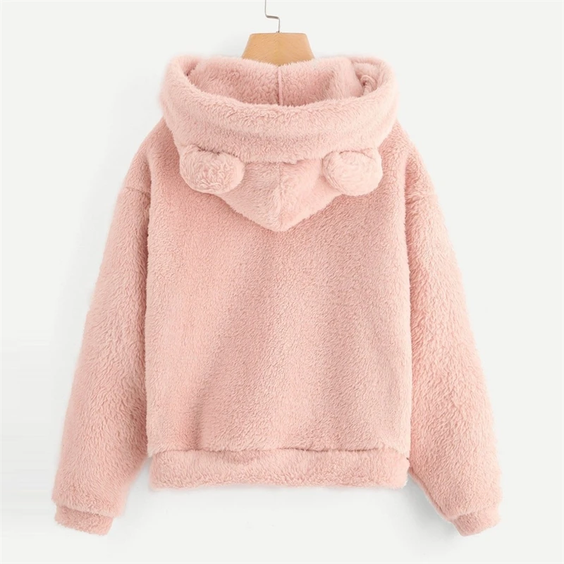 

Women's fluffy Hoodie, Kawaii sweatshirt, bear ear hat, autumn and winter warm sweater, long sleeved clothing, polar moletom