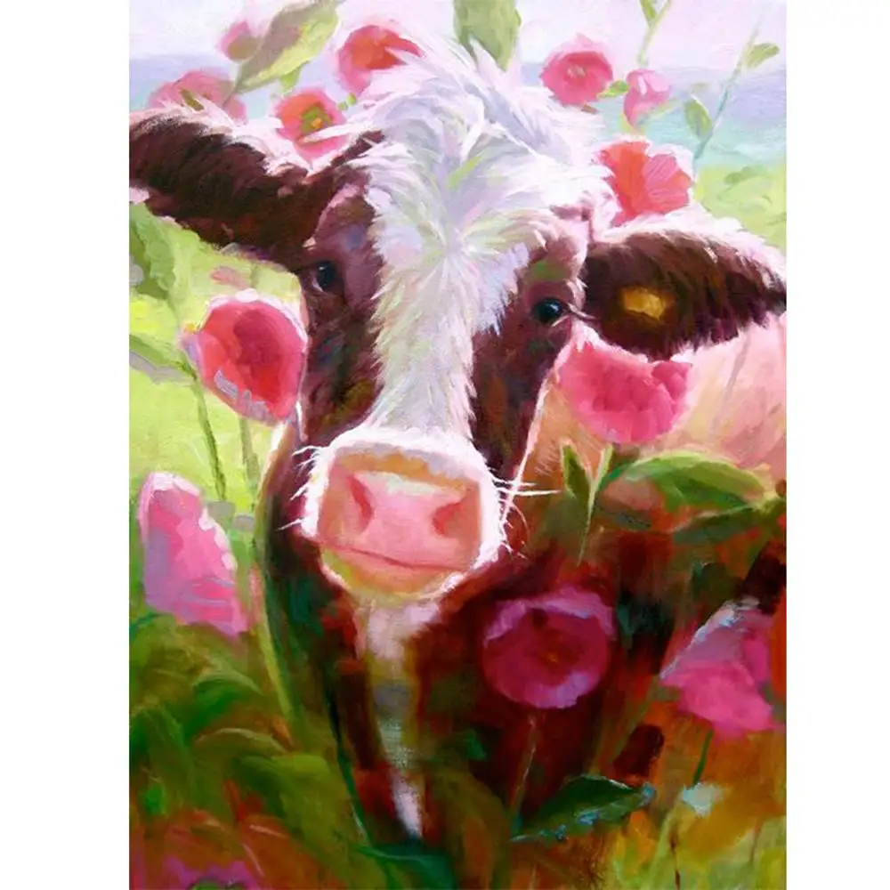 

5D Square Full Diamond Painting DIY Kit Rhinestone Drill Picture Art Craft Home Wall Decor 12x16Inch Cow in Flower