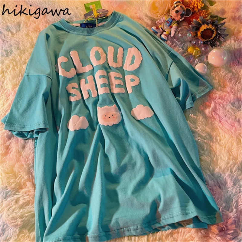 

Hikigawa Japanese Women T Shirts Vintage Short Sleeve Summer Loose Letter Print Tees Harajuku Wild Student O Neck Casual Tops