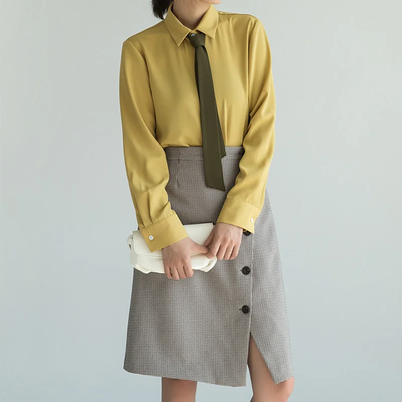 Женская шифоновая блузка с длинным рукавом желтая винтажная рубашка и