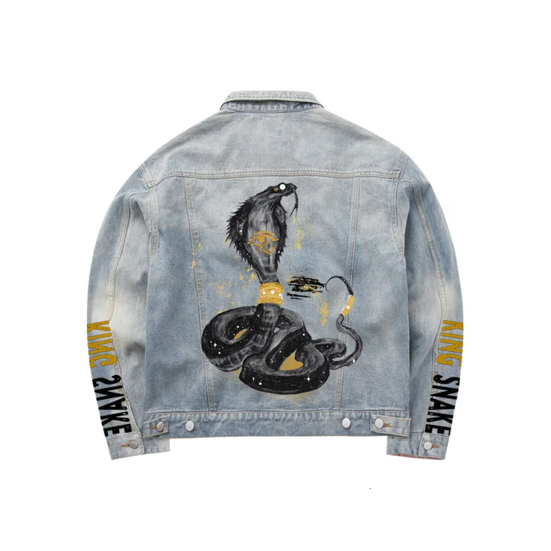 Bomb Coat Single-Breasted Hip hop creative hand drawn snake doodle vintage Fashion Unisex style denim jacketet |