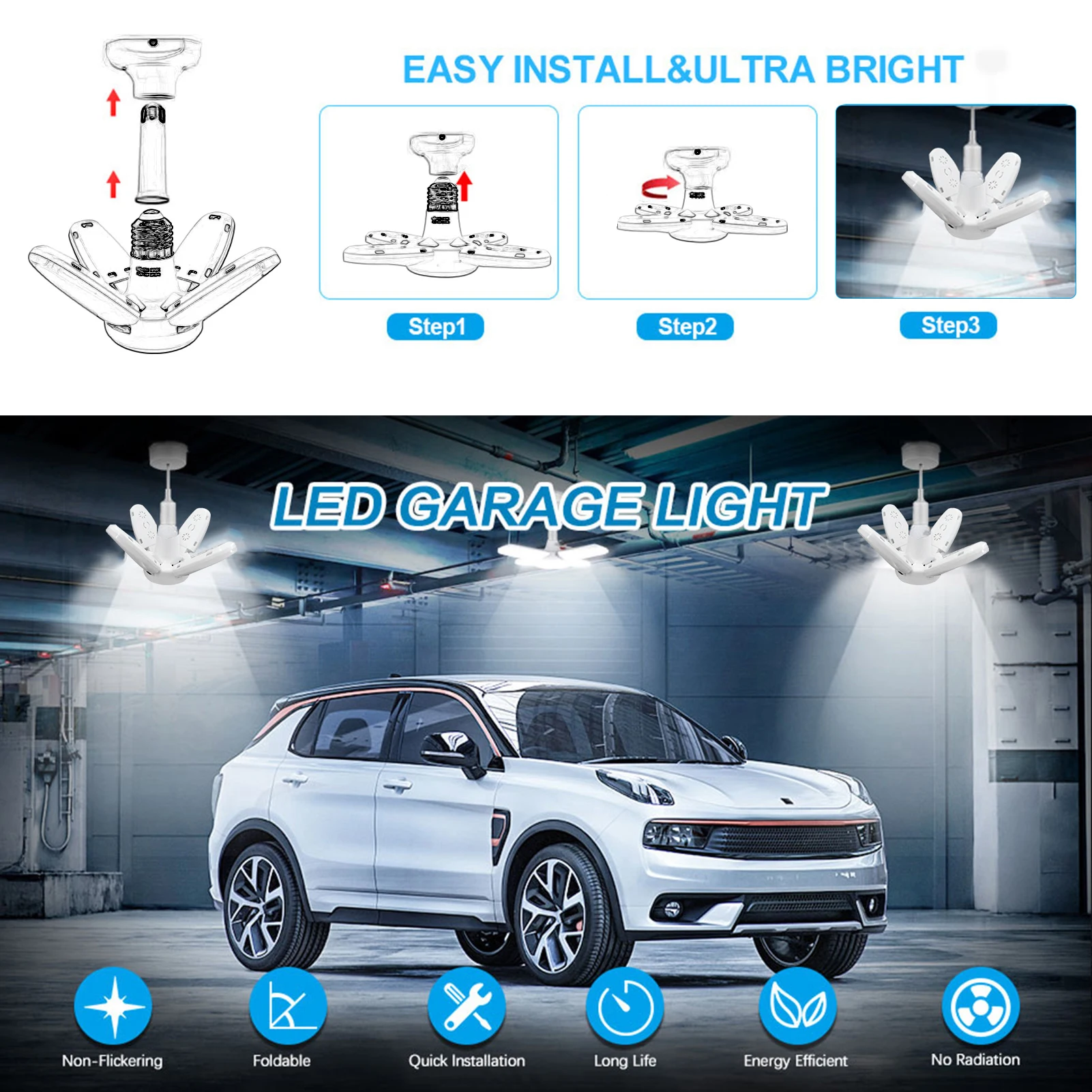 

Светодиодные гаражные светильники, 28 Вт, 6500 лм, 7000-K, E27/E26 светодиодный ные гаражные потолочные светильники с 4 регулируемыми панелями для гар...