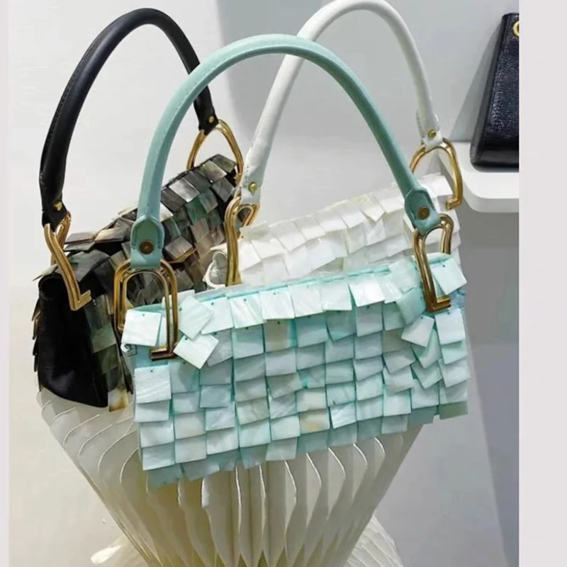 

Дизайнерские роскошные женские сумки из чистой натуральной ракушки, плетеная сумочка с цепочкой из бусин, вечерние клатчи, Женская дорожная Праздничная сумка