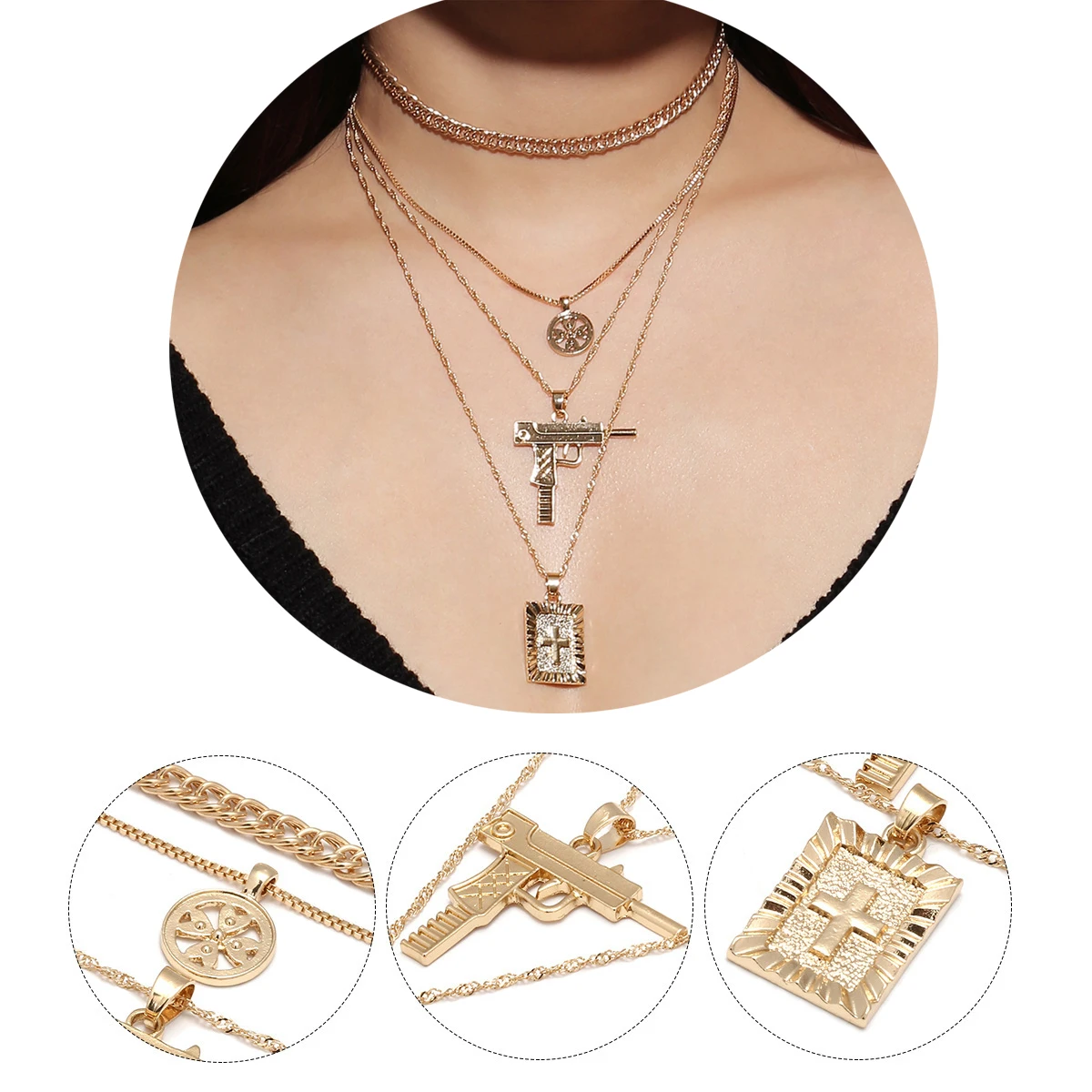 Женское многослойное колье с подвеской-крестом Золотистое Ожерелье кулоном в