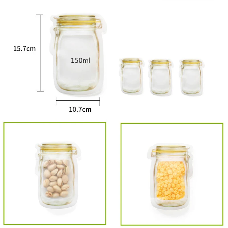 3/4Pcs Portable Transparent Mason Jar Bottles Bags Seal Food Container Snack Zipper Travel Candy Ziplock Bag | Дом и сад
