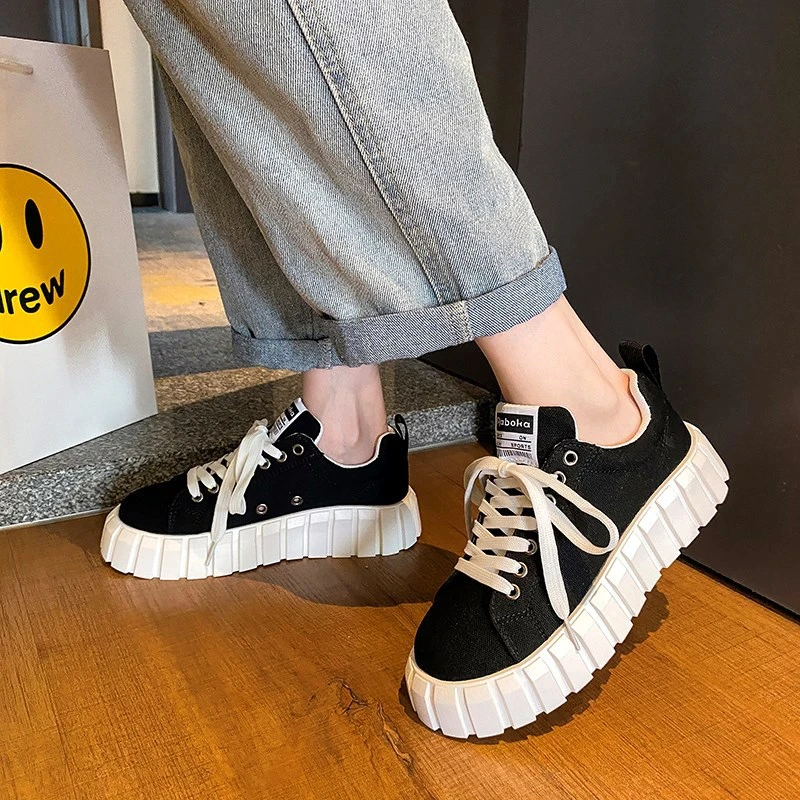 

Platform Casual Canvas Shoes Women's Sneakers White Fashion Flat Shoes Woman Lace Up Comfortable Soft Vulcanized Shoes Black New