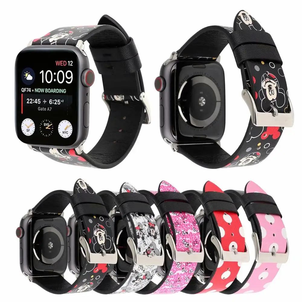 Кожаный ремешок с милым рисунком для Apple Watch 40 мм 44 браслет Микки Маусом iWatch Series 5 4 3