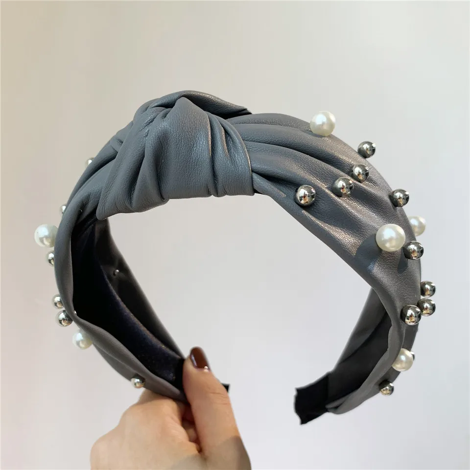 Новые женские элегантные кожаные ПУ ободки для волос с жемчужинами и поперечным