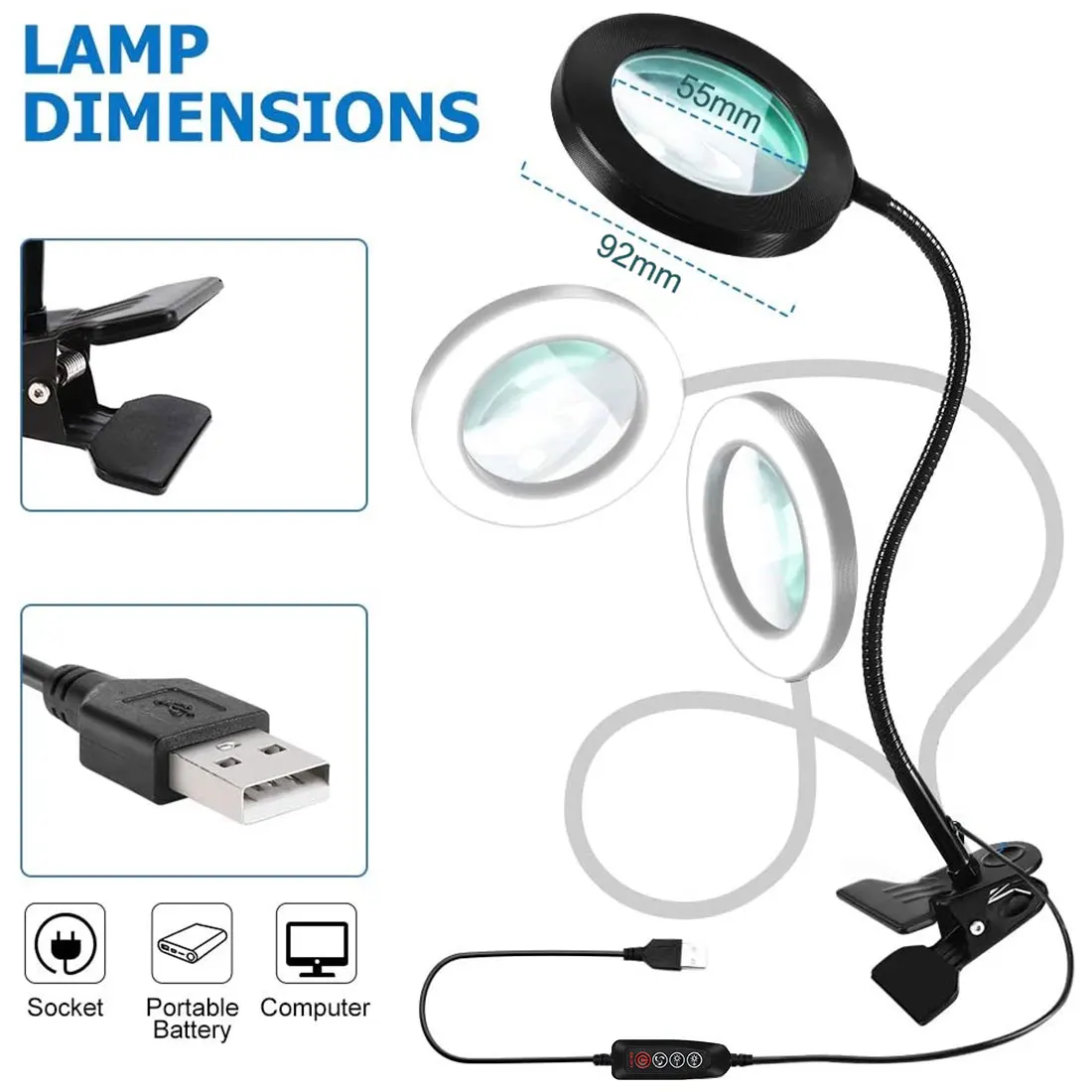 

Flexible 3X/5X USB 3 Colors Lamp Magnifier Clip-on Table Top Desk LED Reading/Jewelry Large Lens Illuminated Magnifying Glass