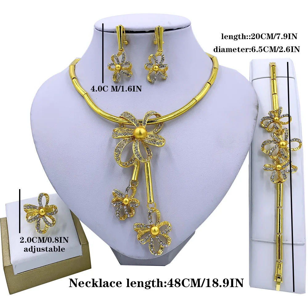 

Liffly African Flower Necklace Fashion Jewelry Sets Charm Bridal Wedding Party Gift Bracelet for Women Stud Earrings Ring